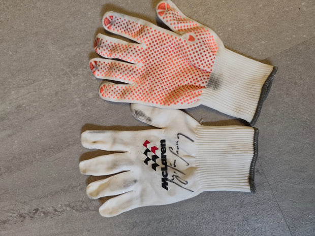 1991 McLaren pit crew gloves signed by Ayrton Senna