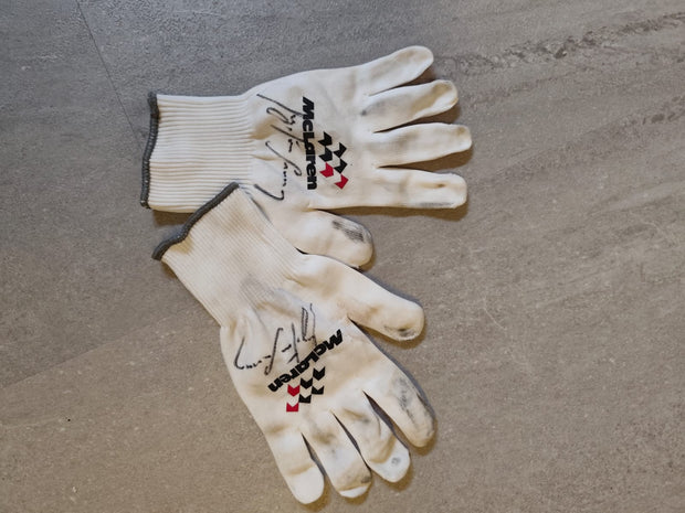 1991 McLaren pit crew gloves signed by Ayrton Senna