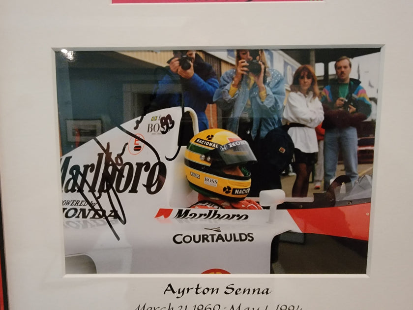 Ayrton Senna Framed Signed Photos And Signed Paddock Pass Formula 1