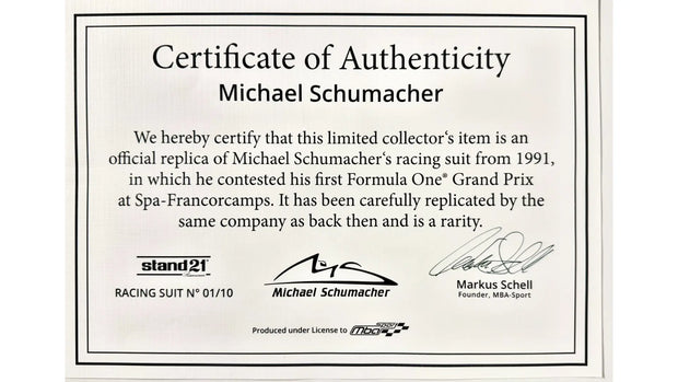 1991 Michael Schumacher Jordan Grand Prix Racing Formula 1 Stand 21 Replica Racing Suit and Cap