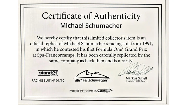 1991 Michael Schumacher Jordan Grand Prix Racing Formula 1 Stand 21 Replica Racing Suit and Cap