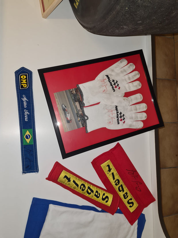 1992 McLaren pit crew gloves signed by Ayrton Senna