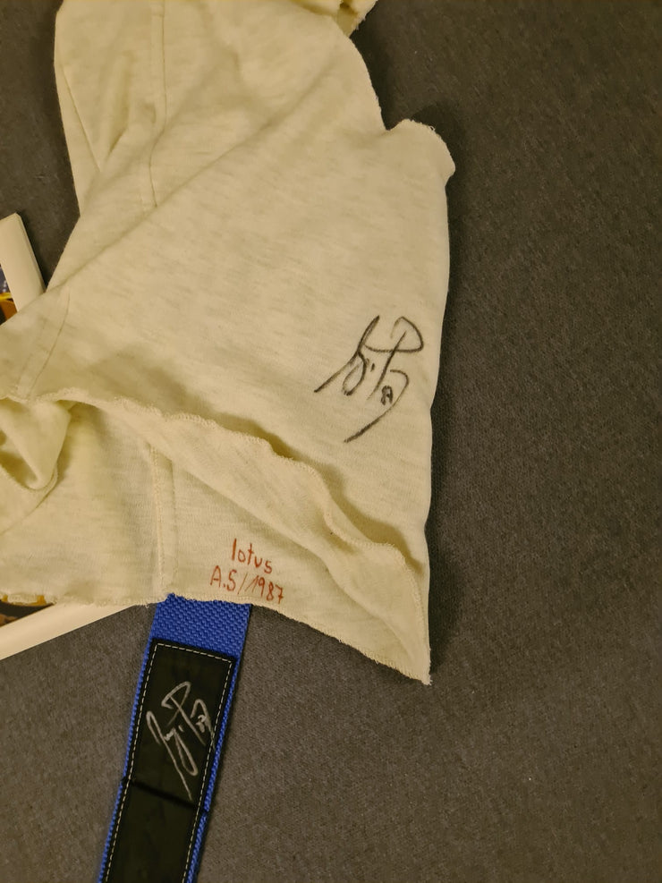 1987 Ayrton Senna Seatbelts and balaclava set signed and dated