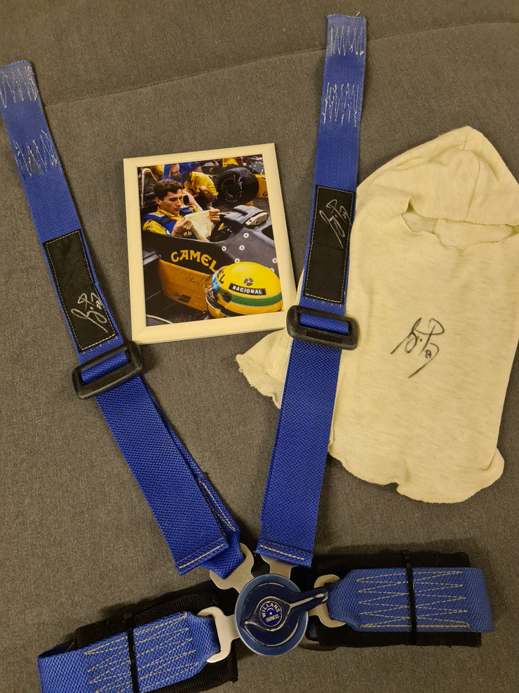 1987 Ayrton Senna Seatbelts and balaclava set signed and dated