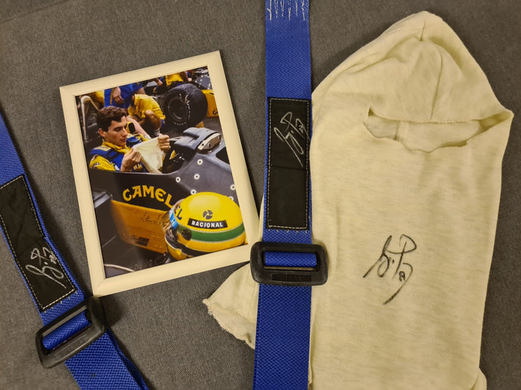 1987 Ayrton Senna Seatbelts and balaclava set signed and dated