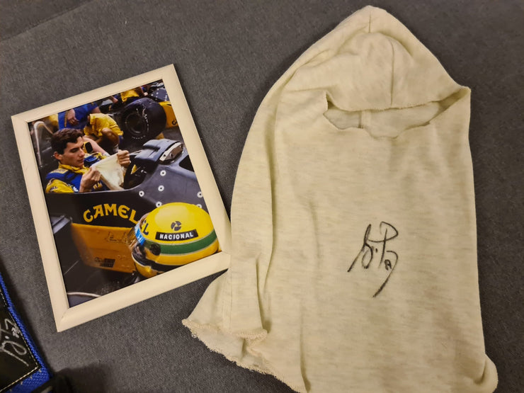 1987 Ayrton Senna Seatbelts and balaclava set signed and dated