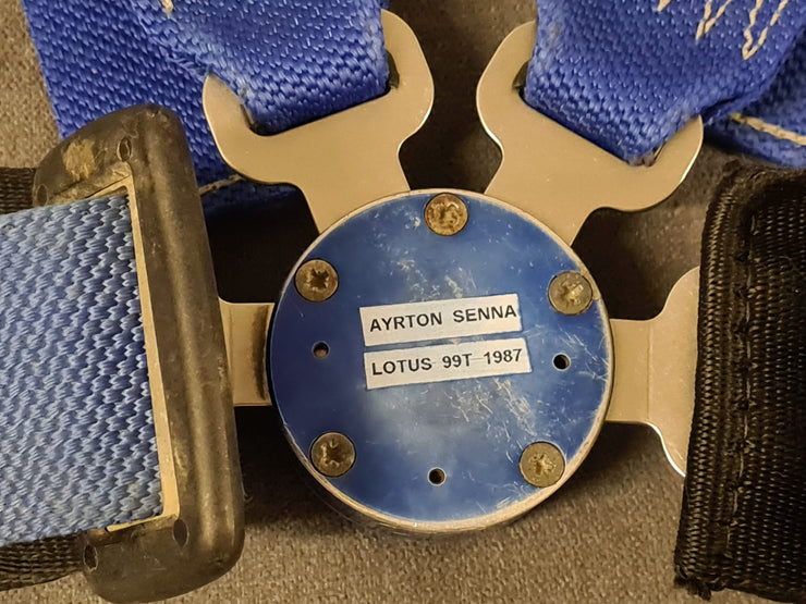 1987 Ayrton Senna Seatbelts and balaclava set signed and dated