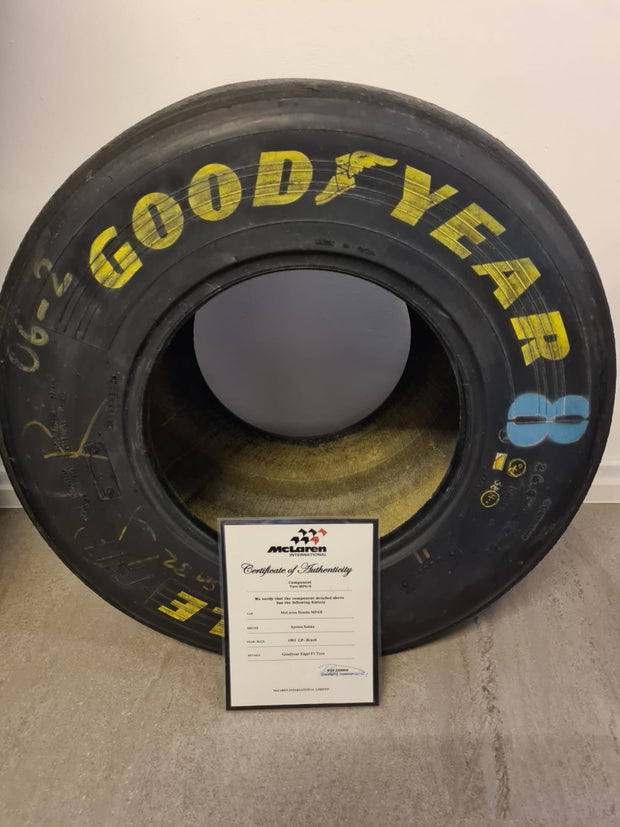 1993 Ayrton Senna McLaren MP4/8 rear GoodYear tire signed