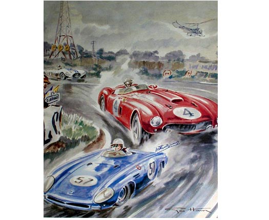 1954 Le Mans Geo Ham print Ferrari 375 Plus signed Maurice Trintignant