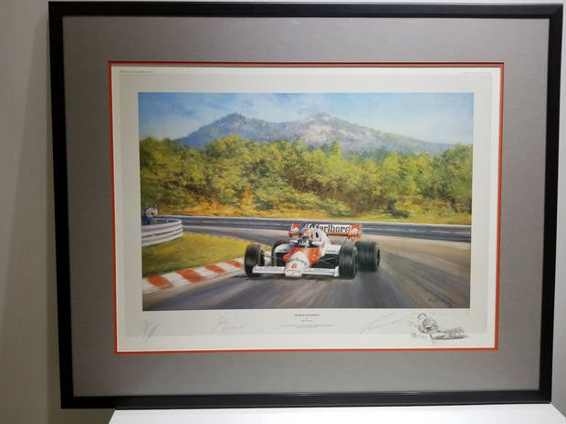 World Champion Framed Print Signed by Lauda, Dennis & Barnard by Alan Fearnley - Formula 1 Memorabilia