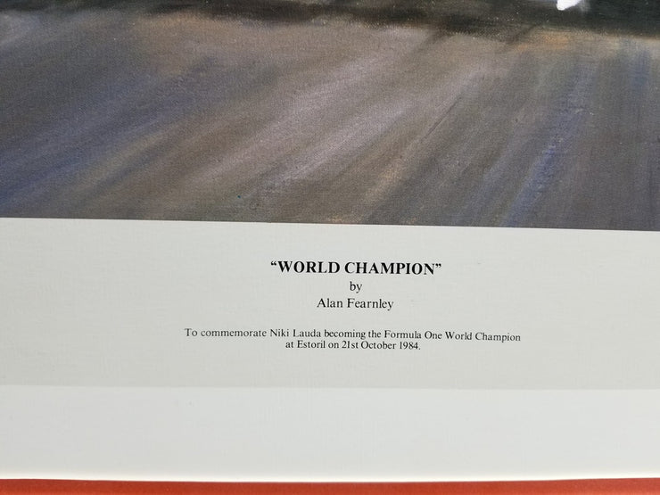 World Champion Framed Print Signed by Lauda, Dennis & Barnard by Alan Fearnley - Formula 1 Memorabilia
