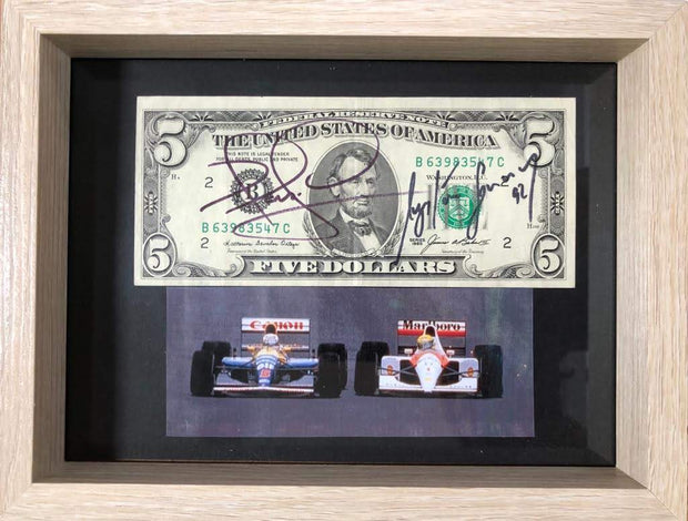 $5 bill signed by Ayrton Senna and Nigel Mansell - Formula 1 Memorabilia