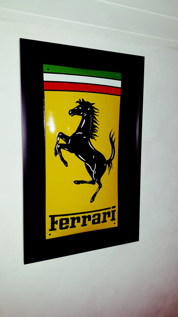1980s Ferrari enamel metal dealer sign framed
