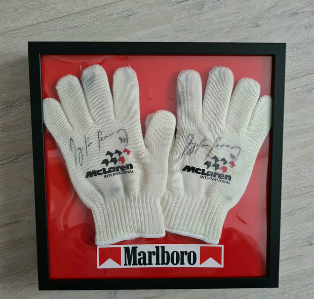 1990 McLaren pit crew gloves signed by Ayrton Senna